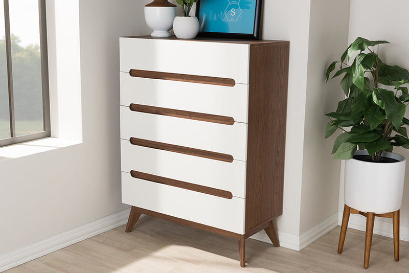 Abbey White and Walnut Wood 5-Drawer Storage Chest Baxton