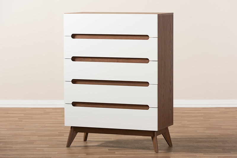 Abbey Mid-Century Modern White and Walnut Wood 5-Drawer Storage Chest