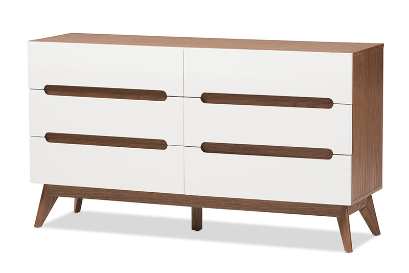 Abbey Mid-Century Modern White and Walnut Wood 6-Drawer Storage Dresser