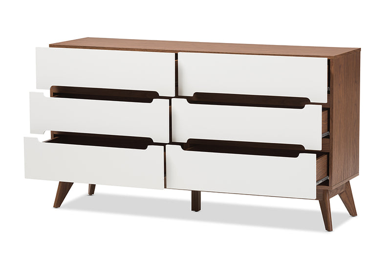 Abbey Mid-Century Modern White and Walnut Wood 6-Drawer Storage Dresser