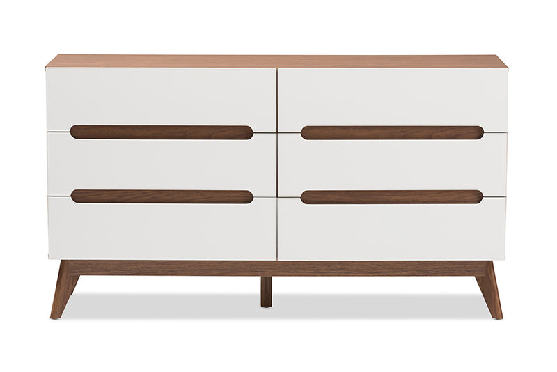 Abbey Mid-Century Modern White and Walnut Wood 6-Drawer Storage Dresser