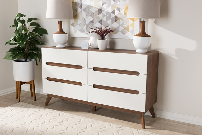 Abbey Mid-Century Modern White and Walnut Wood 6-Drawer Storage Dresser