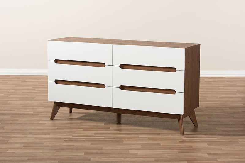 Abbey Mid-Century Modern White and Walnut Wood 6-Drawer Storage Dresser