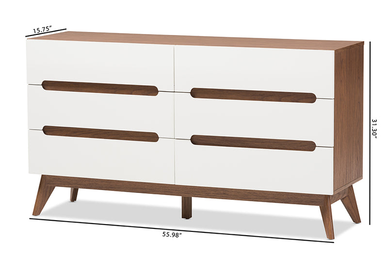 Abbey Mid-Century Modern White and Walnut Wood 6-Drawer Storage Dresser