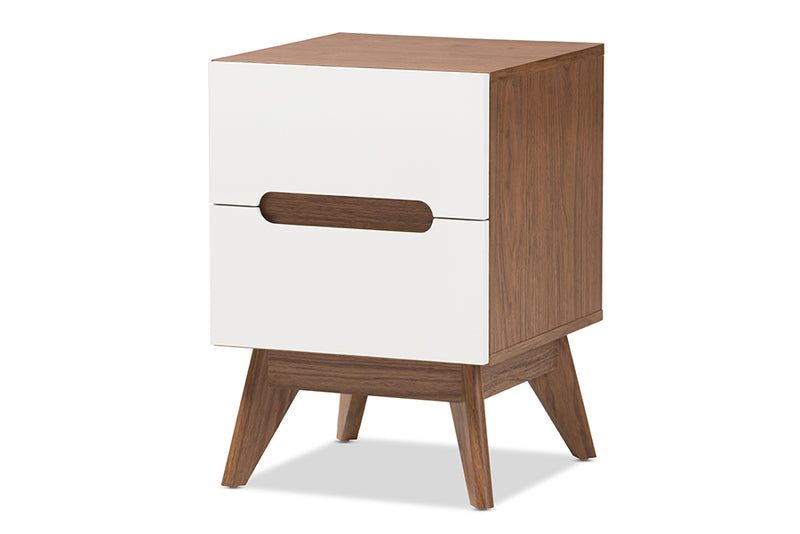 Abbey Mid-Century Modern White and Walnut Wood 3-Drawer Storage Nightstand