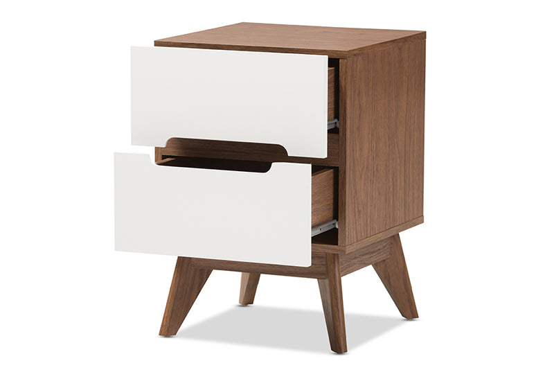 Abbey Mid-Century Modern White and Walnut Wood 3-Drawer Storage Nightstand