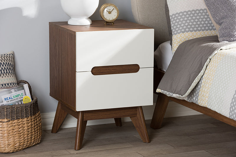 Abbey Mid-Century Modern White and Walnut Wood 3-Drawer Storage Nightstand