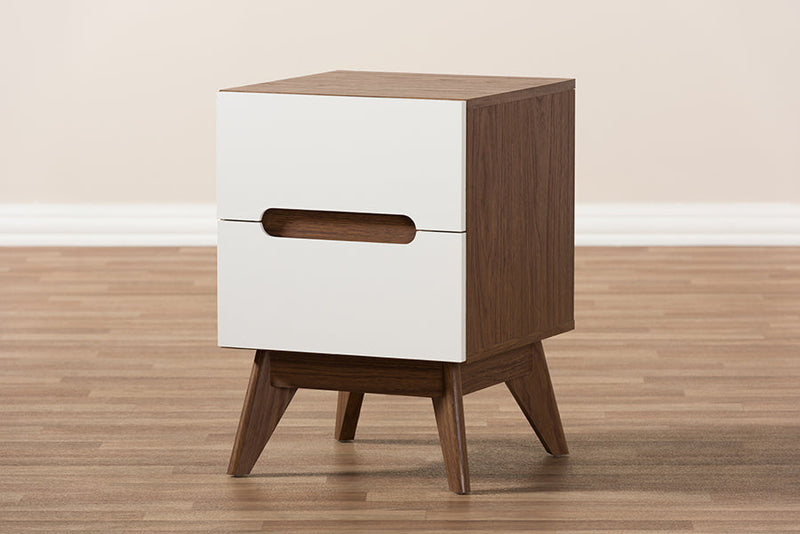Abbey White and Walnut Wood 3-Drawer Storage Nightstand Baxton