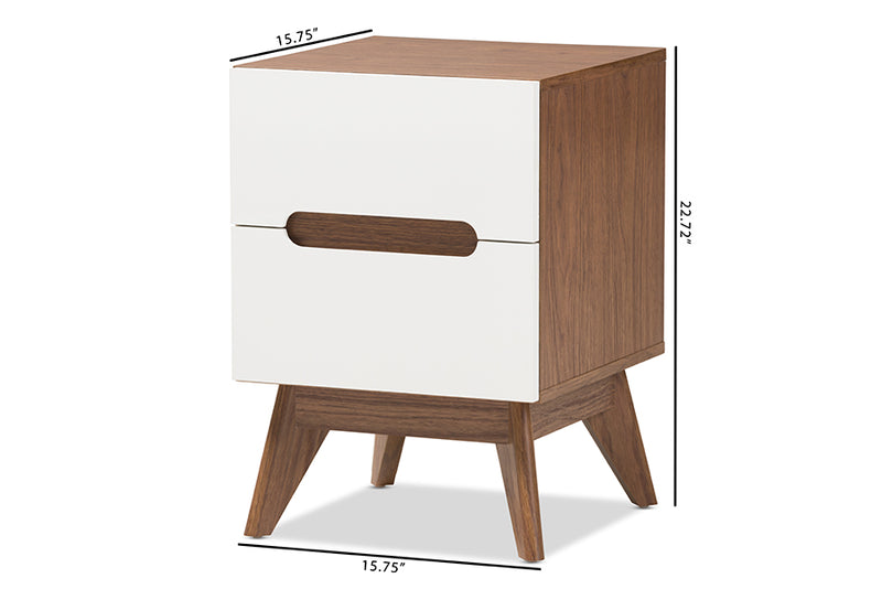 Abbey Mid-Century Modern White and Walnut Wood 3-Drawer Storage Nightstand