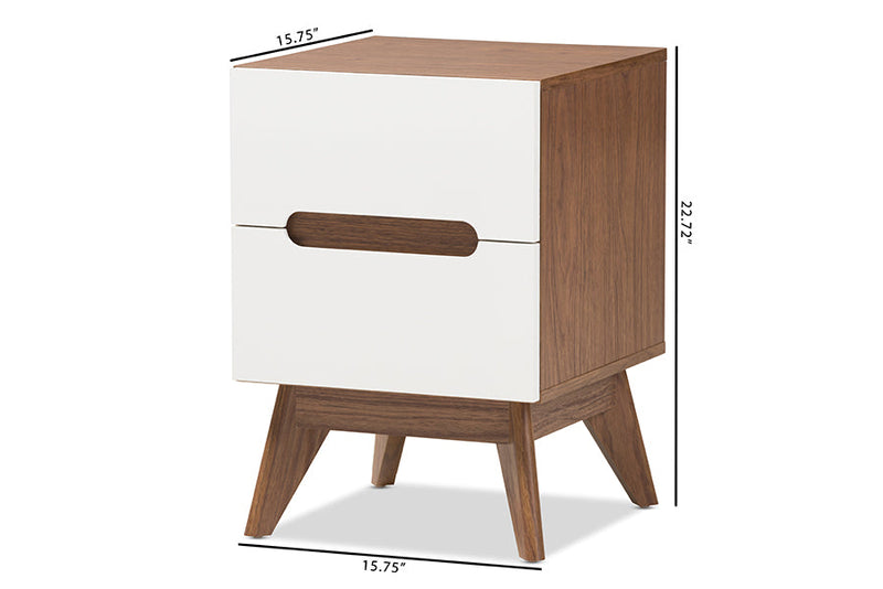 Abbey White and Walnut Wood 3-Drawer Storage Nightstand Baxton