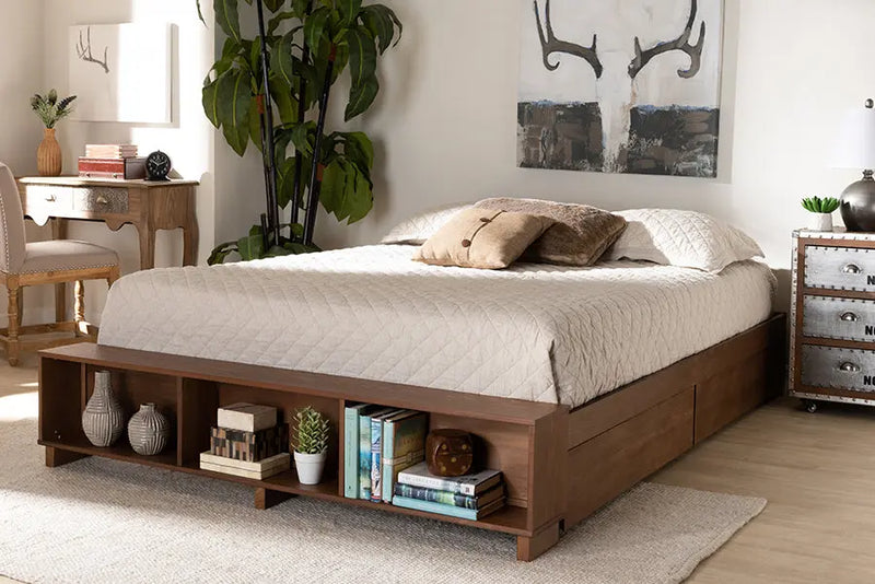 Camila Ash Walnut Brown Wood Platform Bed with Built-In Shelves (King) iHome Studio