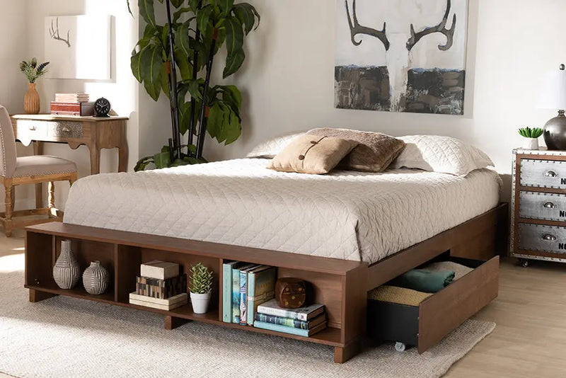 Camila Ash Walnut Brown Wood Platform Bed with Built-In Shelves (King) iHome Studio