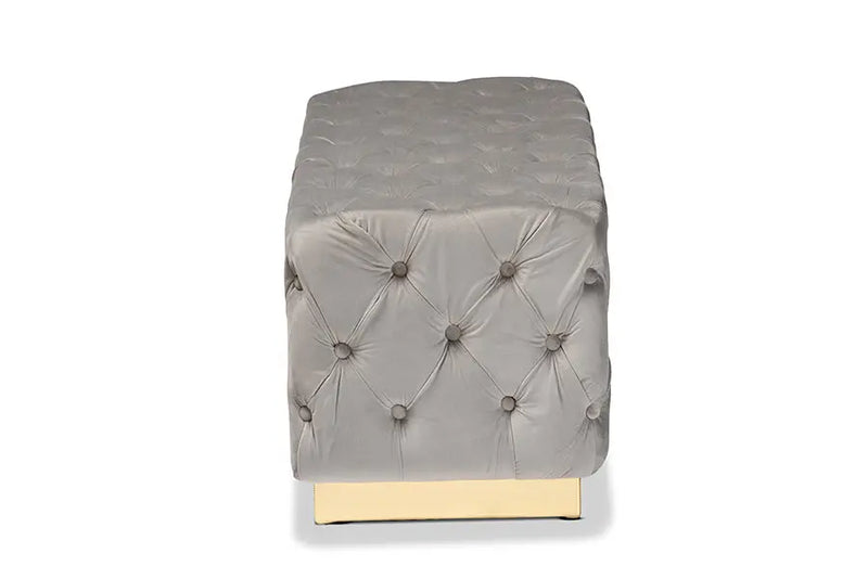 Cassandra Grey Velvet Fabric Upholstered/Gold PU Leather Ottoman iHome Studio