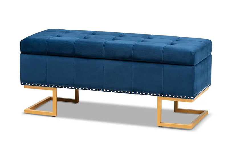 Charlotte Navy Blue Velvet Fabric Upholstered/Gold Finished Metal Storage Ottoman iHome Studio