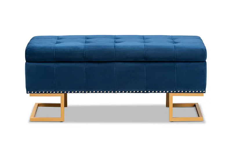 Charlotte Navy Blue Velvet Fabric Upholstered/Gold Finished Metal Storage Ottoman iHome Studio