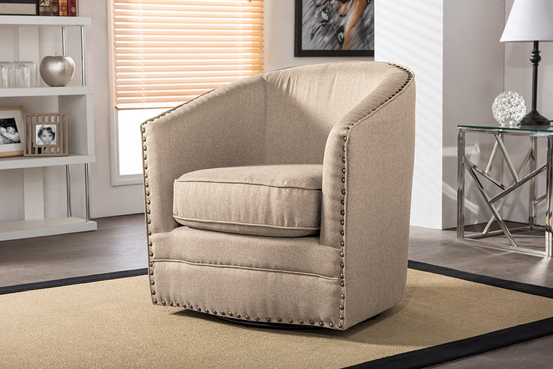 Alvere Modern and Contemporary Classic Retro Beige Fabric Upholstered Swivel Tub Chair