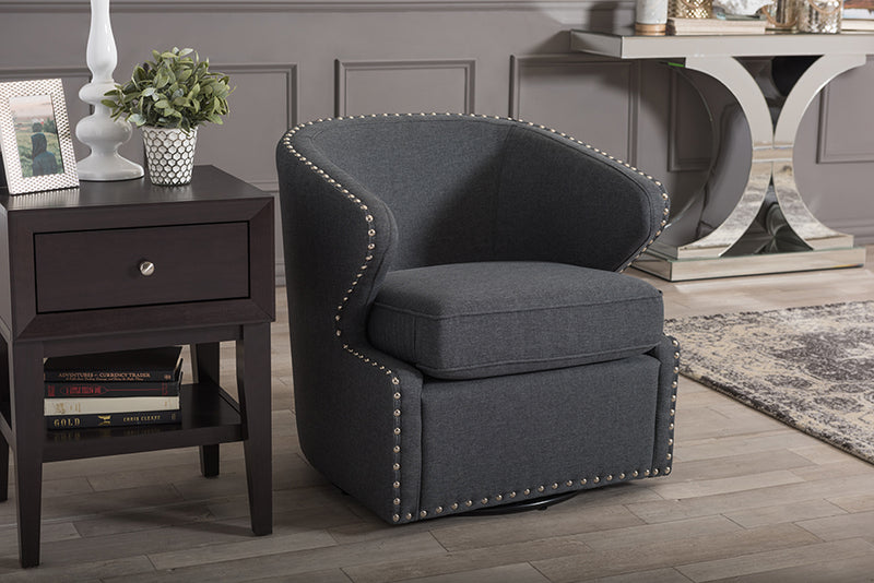 Carvell Mid-century Modern Gray Fabric Upholstered Swivel Armchair