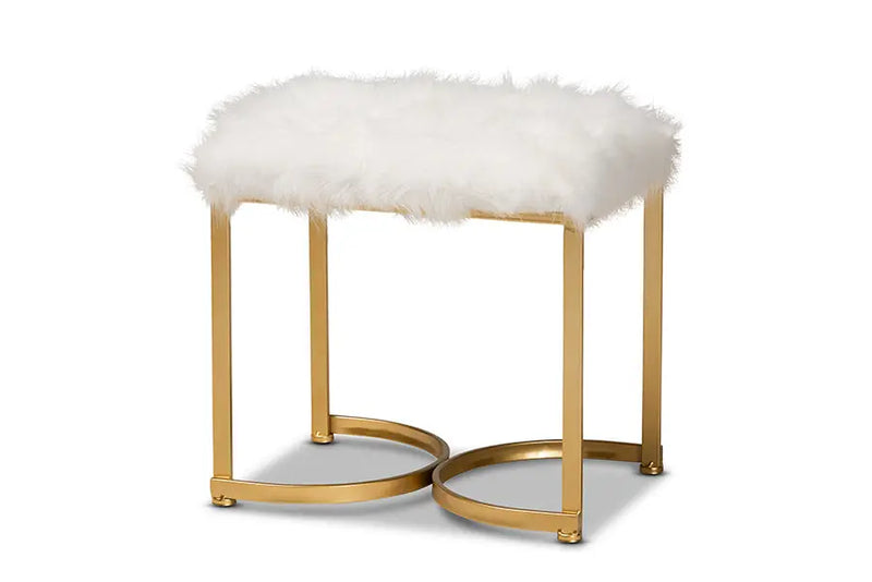 Derwent White Faux Fur Upholstered/Gold Finished Metal Ottoman iHome Studio