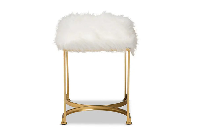 Derwent White Faux Fur Upholstered/Gold Finished Metal Ottoman iHome Studio
