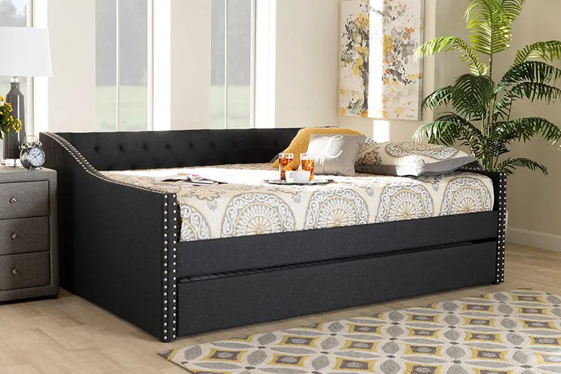 Elianna Dark Gray Fabric Upholstered Queen Size Daybed w/Trundle Bed iHome Studio