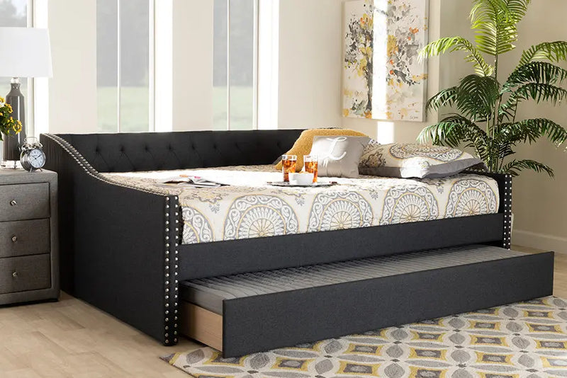 Elianna Dark Gray Fabric Upholstered Queen Size Daybed w/Trundle Bed iHome Studio