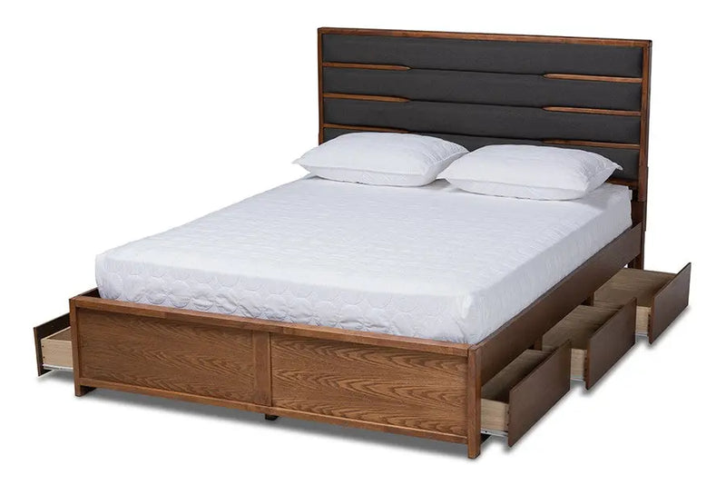 Elin Dark Grey Fabric Upholstered Walnut Wood Platform Storage Bed w/Six Drawers (King) iHome Studio