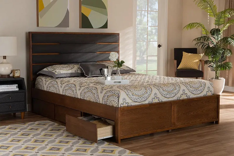 Elin Dark Grey Fabric Upholstered Walnut Wood Platform Storage Bed w/Six Drawers (King) iHome Studio