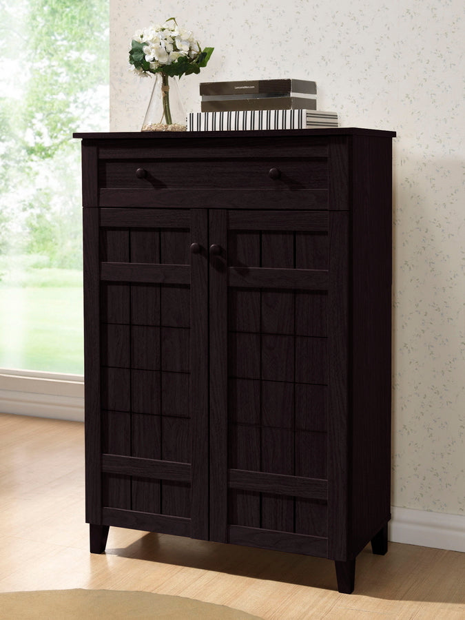 Trenton Dark Brown Wood Modern Shoe Cabinet (Tall), 2-Doors and Drawer