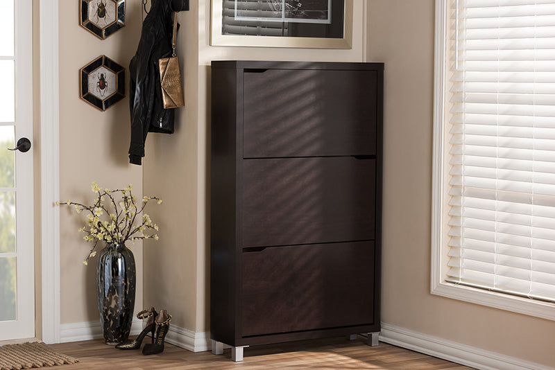 Darrion Dark Brown Modern Shoe Cabinet, 3-Doors