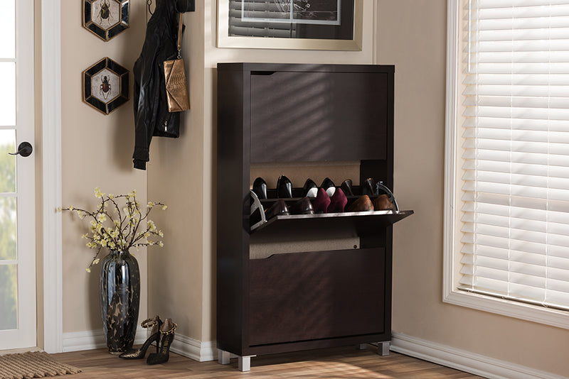 Darrion Dark Brown Modern Shoe Cabinet, 3-Doors