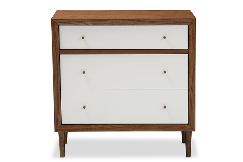 Stephen Mid-century Modern Scandinavian Style White and Walnut Wood 3-drawer Chest