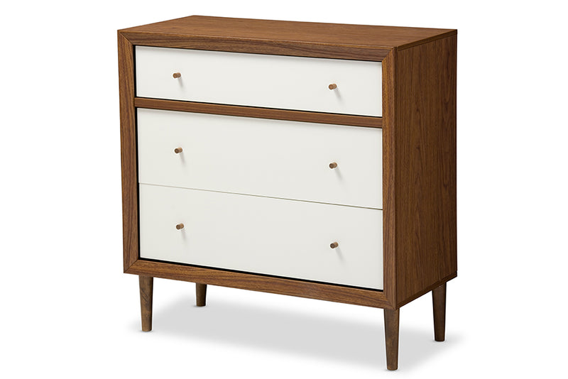 Stephen Mid-century Modern Scandinavian Style White and Walnut Wood 3-drawer Chest