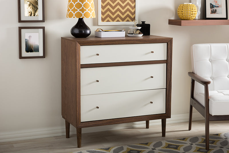 Stephen Mid-century Modern Scandinavian Style White and Walnut Wood 3-drawer Chest