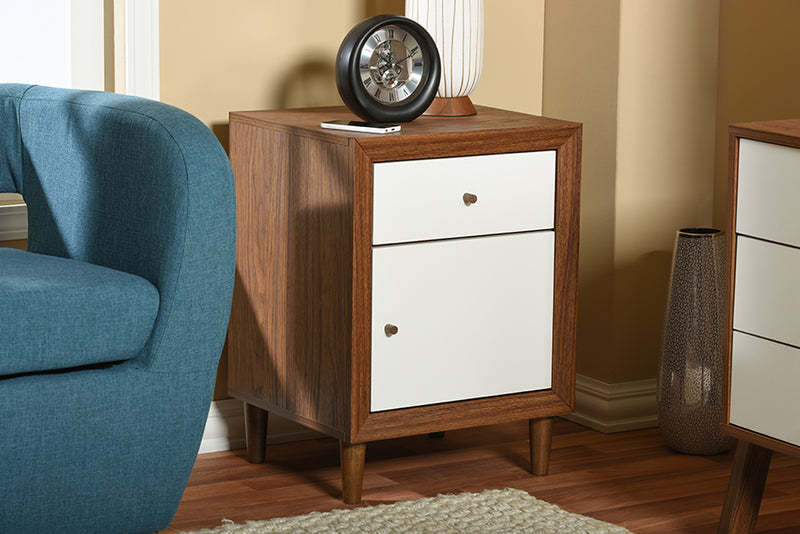 Stephen Mid-century Modern Scandinavian Style White and Walnut Wood 1-drawer and 1-door Nightstand