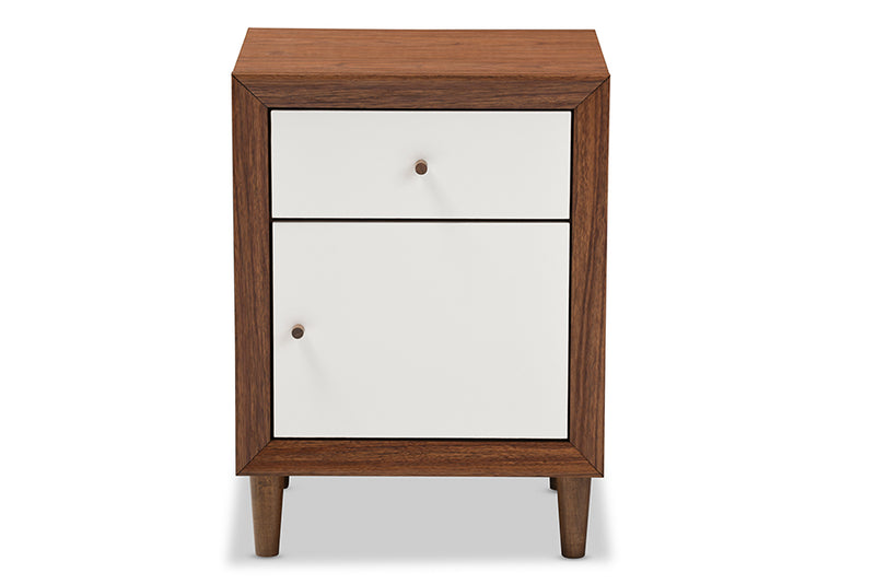 Stephen Mid-century Modern Scandinavian Style White and Walnut Wood 1-drawer and 1-door Nightstand