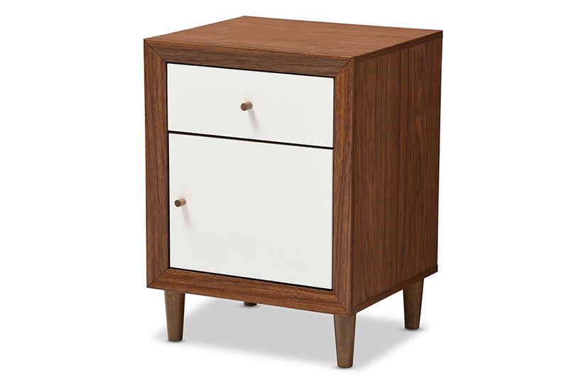 Stephen Mid-century Modern Scandinavian Style White and Walnut Wood 1-drawer and 1-door Nightstand