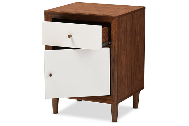 Stephen Mid-century Modern Scandinavian Style White and Walnut Wood 1-drawer and 1-door Nightstand