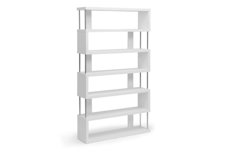 Yanka White Six-Shelf Modern Bookcase w/Chrome Side Support