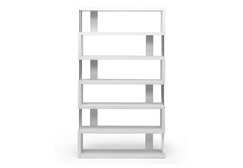 Yanka White Six-Shelf Modern Bookcase w/Chrome Side Support