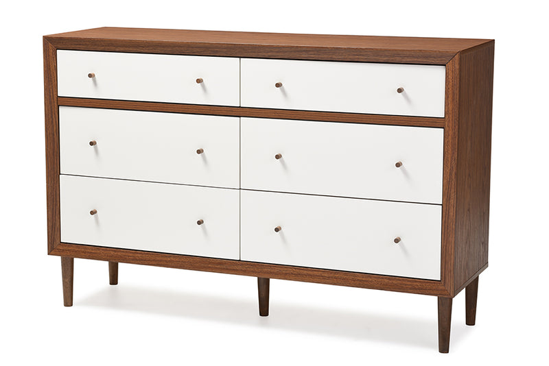 Stephen Mid-century White and Walnut Wood 6-drawer Storage Dresser