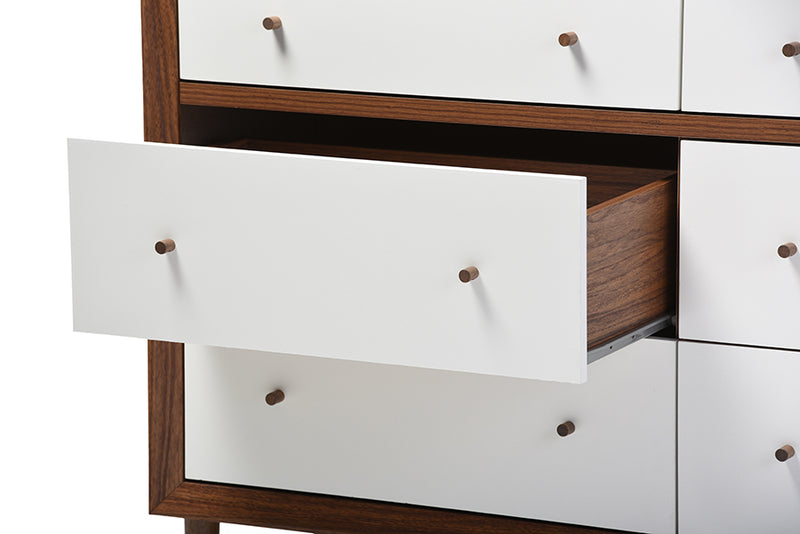 Stephen Mid-century White and Walnut Wood 6-drawer Storage Dresser