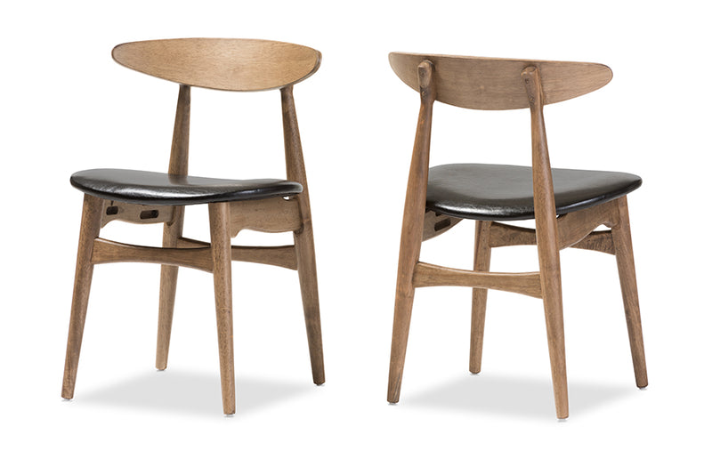 Giza Mid-Century Modern French Black Faux Leather and "Oak" Light Brown Finishing Wood Dining Chair