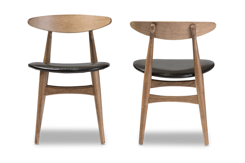 Giza Mid-Century Modern French Black Faux Leather and "Oak" Light Brown Finishing Wood Dining Chair