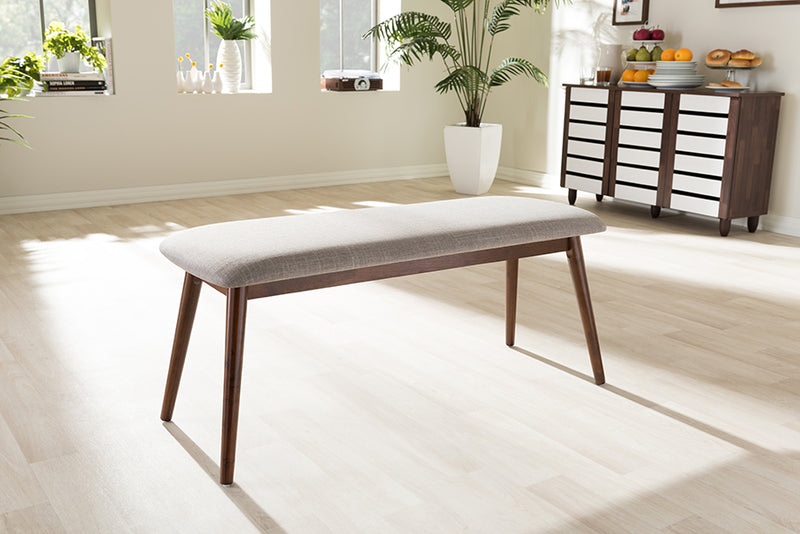 Elara Mid-Century Modern Light Gray Fabric and "Oak" Medium Brown Finishing Wood Dining Bench