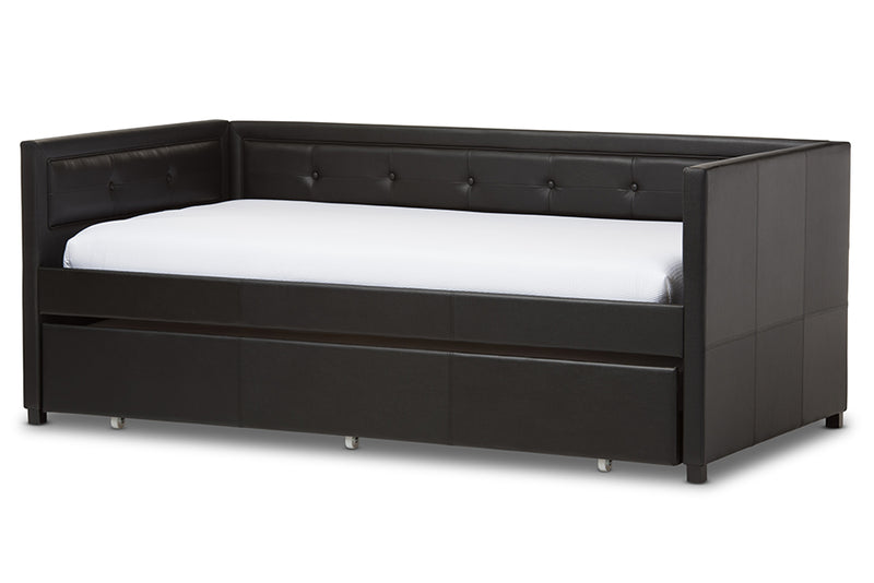 Celerina Modern and Contemporary Black Faux Leather Button-Tufting Sofa Twin Daybed w/Roll-Out Trundle Guest Bed