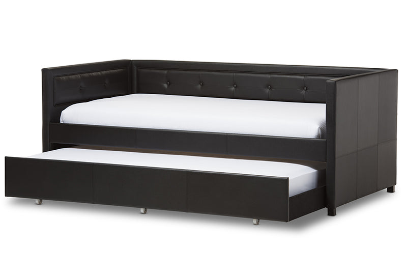 Celerina Modern and Contemporary Black Faux Leather Button-Tufting Sofa Twin Daybed w/Roll-Out Trundle Guest Bed