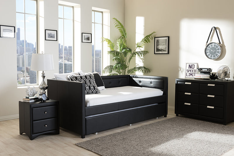 Celerina Modern and Contemporary Black Faux Leather Button-Tufting Sofa Twin Daybed w/Roll-Out Trundle Guest Bed