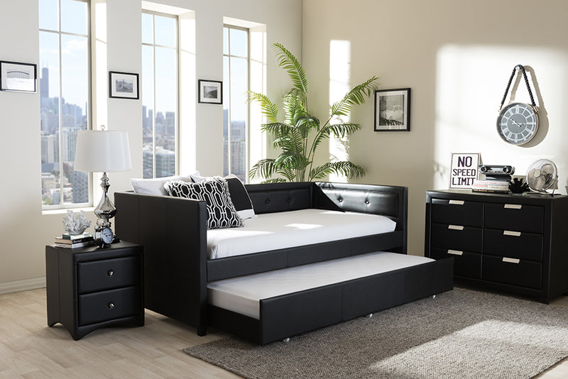 Celerina Modern and Contemporary Black Faux Leather Button-Tufting Sofa Twin Daybed w/Roll-Out Trundle Guest Bed