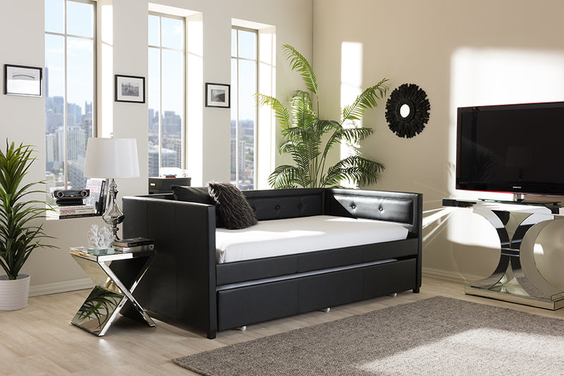 Celerina Modern and Contemporary Black Faux Leather Button-Tufting Sofa Twin Daybed w/Roll-Out Trundle Guest Bed