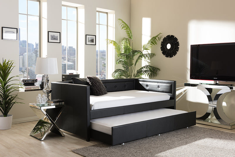 Celerina Modern and Contemporary Black Faux Leather Button-Tufting Sofa Twin Daybed w/Roll-Out Trundle Guest Bed